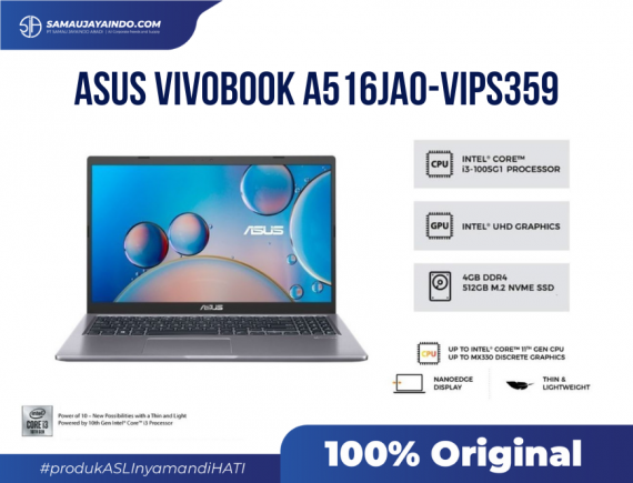 ASUS A516JAO-VIPS359 - UMA SERIES - Core i3-1005G1 / 512G PCIE + HDD HOUSING / 4GB DDR4 / SLATE GREY / 15.6