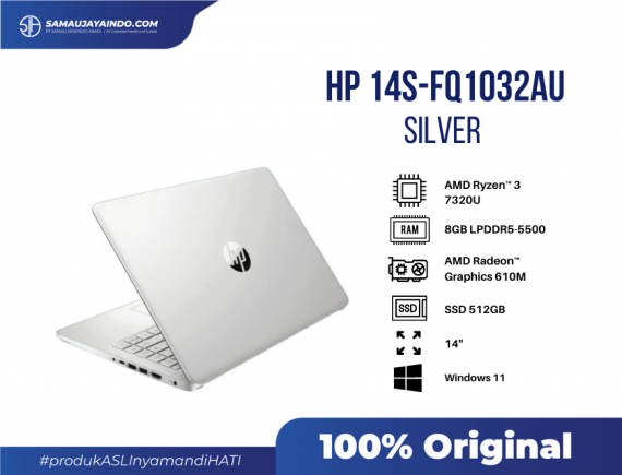 HP 14S-FQ1032AU - Silver , AMD Ryzen 3 7320U, 8 GB LPDDR5-5500 MHz RAM (onboard), 512 GB PCIe NVMe M.2 SSD, 14