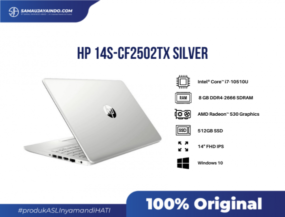HP 14s-CF2502TX Silver, Intel Core i7-10510U (1.8 GHz base frequency, up to 4.9 GHz with Intel® Turbo Boost Technology, 8 MB L3 cache, 4 cores), AMD Radeon 530 Graphics (2 GB GDDR5 dedicated), 14