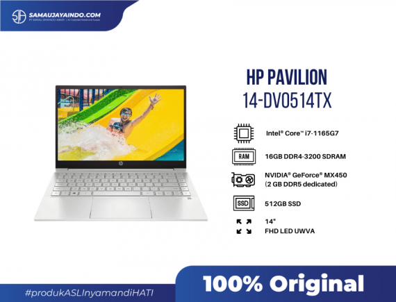 HP Pavilion 14-DV0514TX, Intel Core i7-1165G7 (up to 4.7 GHz with Intel® Turbo Boost Technology, 12 MB L3 cache, 4 cores), 16GB DDR4-3200 SDRAM, 512GB PCIe NVMe SSD, 14 FHD LED UWVA 250Nits Slim, NVIDIA GeForce MX450 (2 GB DDR5 dedicated), Audio by B&O; Dual speakers; HP Audio Boost, HP Wide Vision 720p HD camera with integrated dual array digital microphones, Full-size Backlit Keyboard, Intel Wi-Fi 6 AX201 (2x2) and Bluetooth 5 combo, Windows 11 Home + OHS