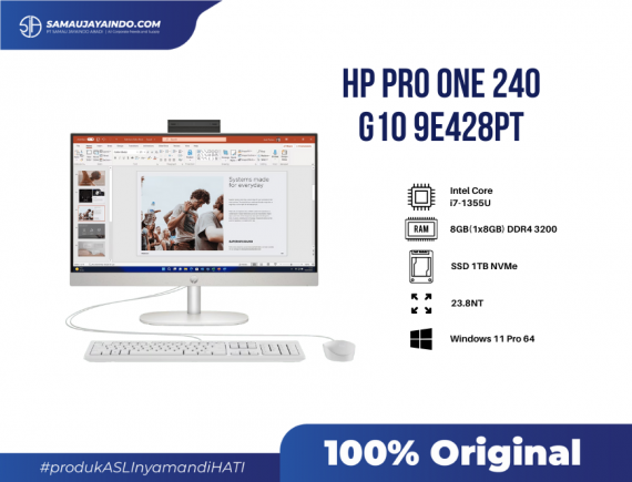 HP ProOne 240 G10 9E428PT - AIO Intel Core i7-1355U (15M Cache, up to 5.0GHz), 8GB(1x8GB) DDR4 3200, SSD 1TB NVMe, Window 11Pro64, WLAN + BT, Pull-up WebCam 5MP, (1) Type-C USB, (2) Type-A Hi-Speed USB 480Mbps, (1) Type-A SuperSpeed USB 5Gbps, (1)HDMI 1.4 , (1)RJ45, (1) Microphone/Headphone Combo Jack, TPM 2.0, Keyboard USB WIRED, Mouse USB, HP Smart 65W External AC power adapter , 3/3/3 Warranty