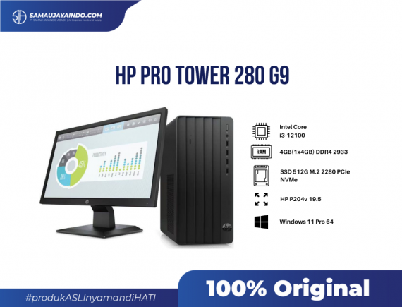 HP Pro Tower 280 G9 6L915PA - i3-12100, 4GB(1x4GB) DDR4 2933, SSD 512G M.2 2280 PCIe NVMe, Windows 11Pro64, WLAN+BT, DVDRW, USB Wired Keyboard & Optical Wired Mouse, 180Watt, 3/3/3 Warranty 5RD66AA - HP P204v 19.5